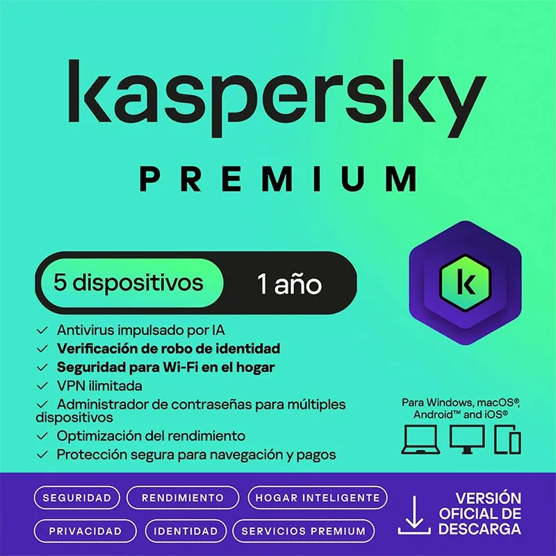 Antivirus Kaspersky Premium 5 Dispositivos 1 Año Licencia Digital