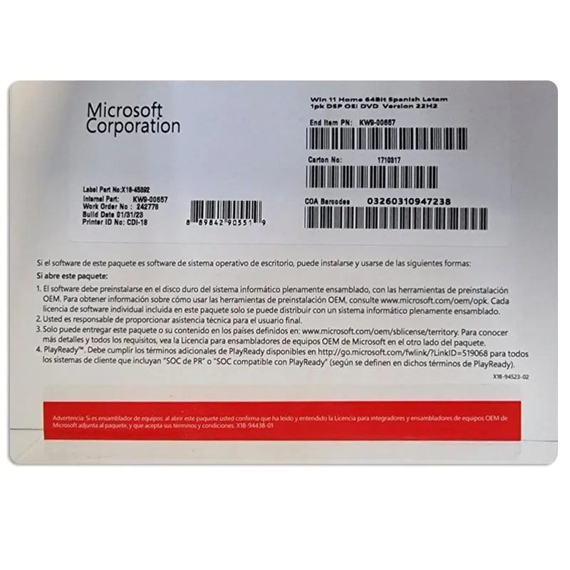 Software Microsoft Windows 11 Home 64 bits 1 PC Español OEM DVD