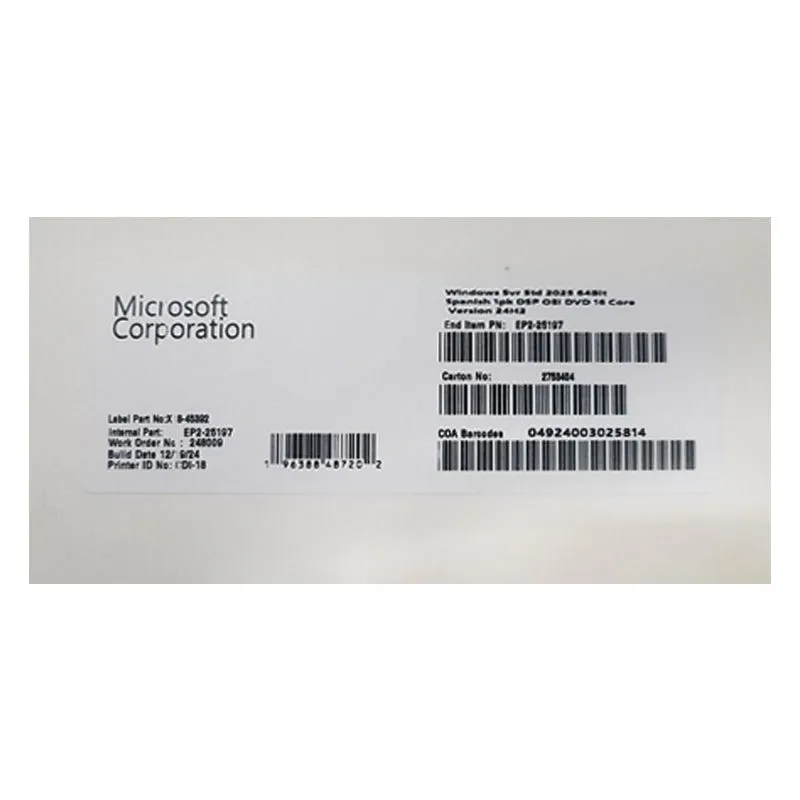 Software Microsoft Windows Server 2025 Standard 64 bits 16 Núcleos Español OEM