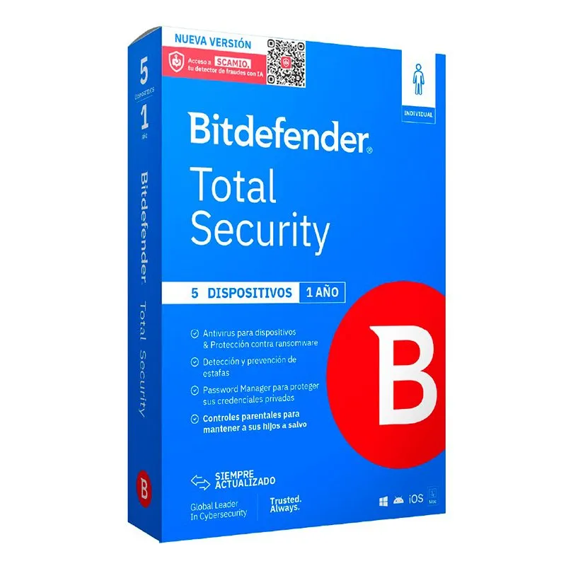 Antivirus Bitdefender Total Security 5 Dispositivos 1 Año Licencia Digital