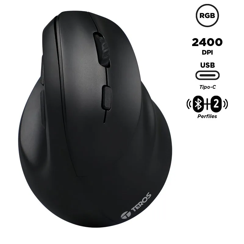 Mouse Vertical Teros TE-5169N Inalámbrico y Bluetooth 2400 DPI Negro — foto 5