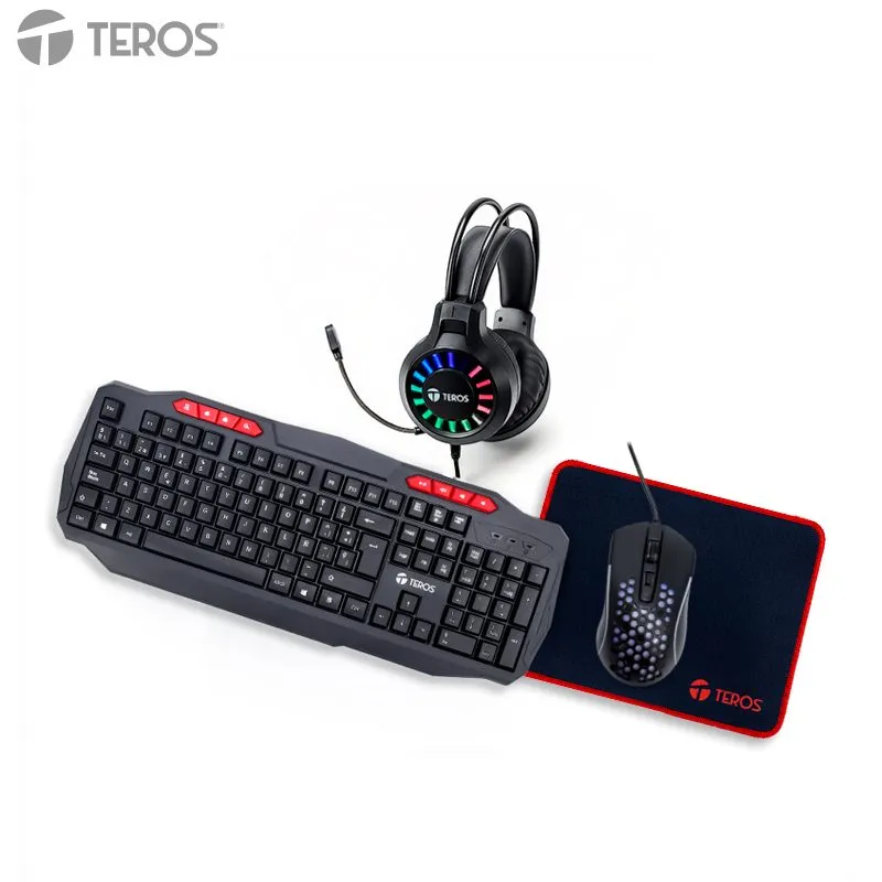 Kit Gamer Teros TE-5014S 4 en 1 Teclado Mouse Audífonos y Mousepad Español