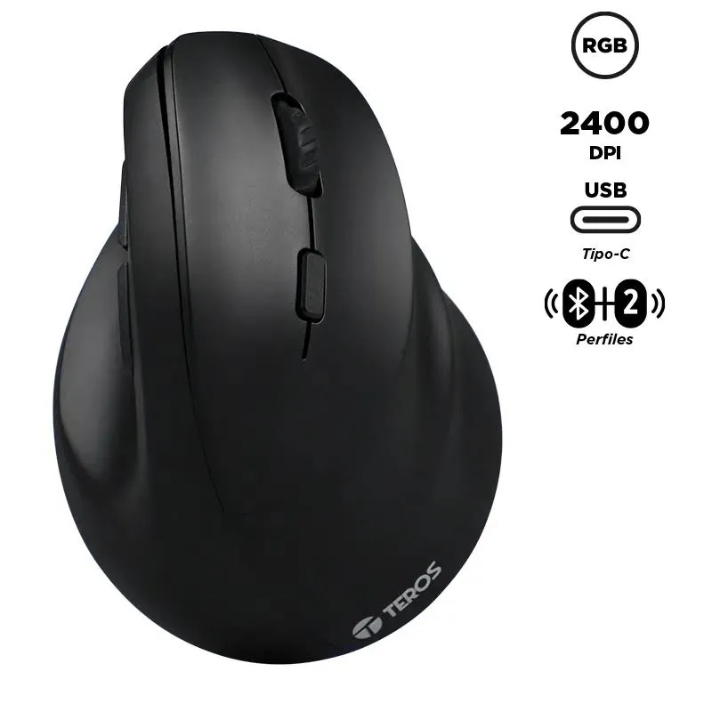 Mouse Vertical Teros TE-5169N Inalámbrico y Bluetooth 2400 DPI Negro